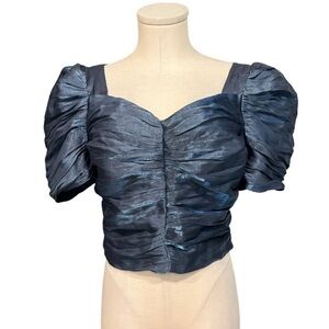 HOUSE OF BLOOM cropped ruched top with puffy sleeves in dusty blue with shimmer